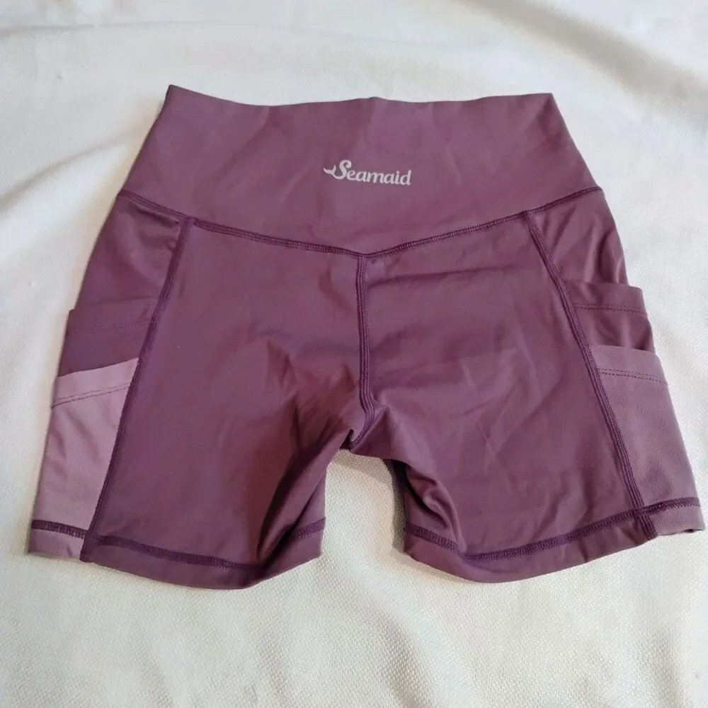 Seamaid Women’s Yoga Bike Shorts Small Purple 4" Inseam High Waist 4 Pockets - Picture 2 of 12